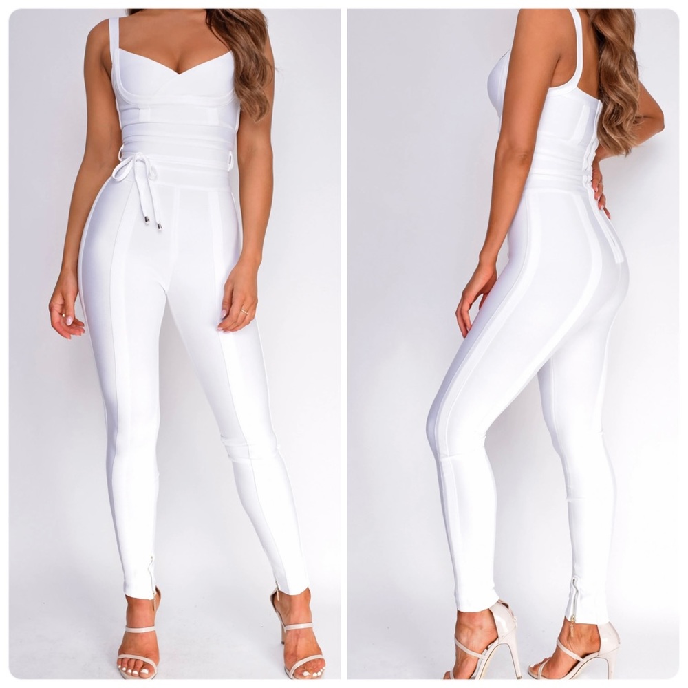 Elmirah White Waist Cinching Bandage Jumpsuit